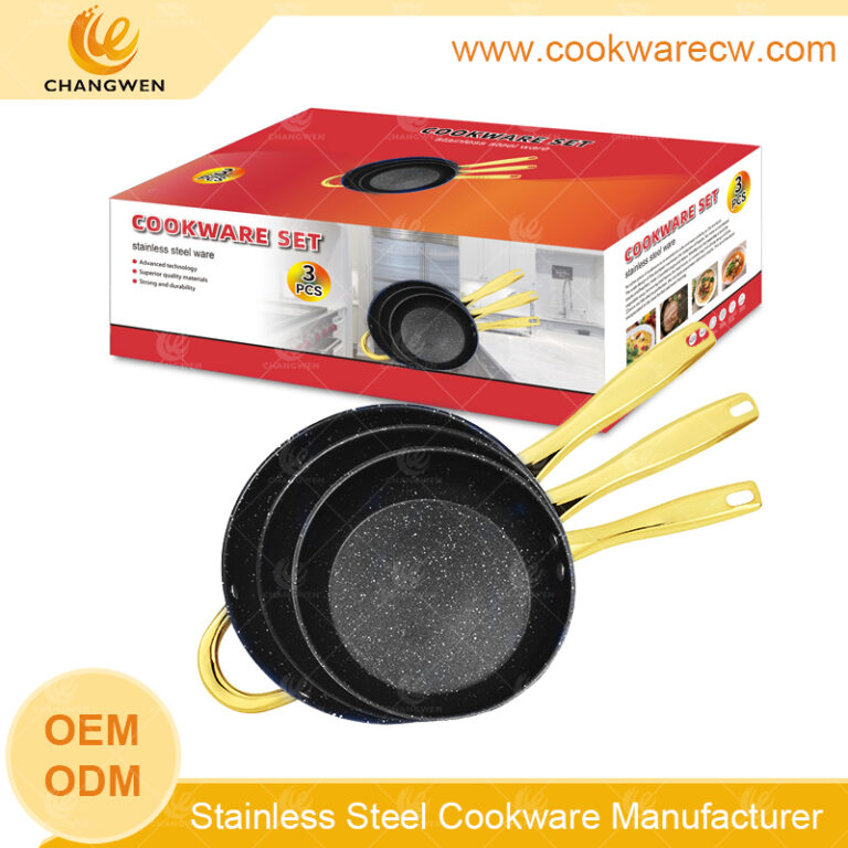 Hot sale 3 pzs sarten acero inoxidable antiadherente mango chapado en oro revestimiento negro batería de cocina CW52016-3